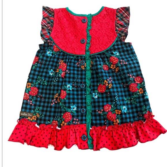 Girls New Matilda Jane Size 6 Vibrant Red Checkered Pattern Floral Design Tunic - Picture 6 of 12